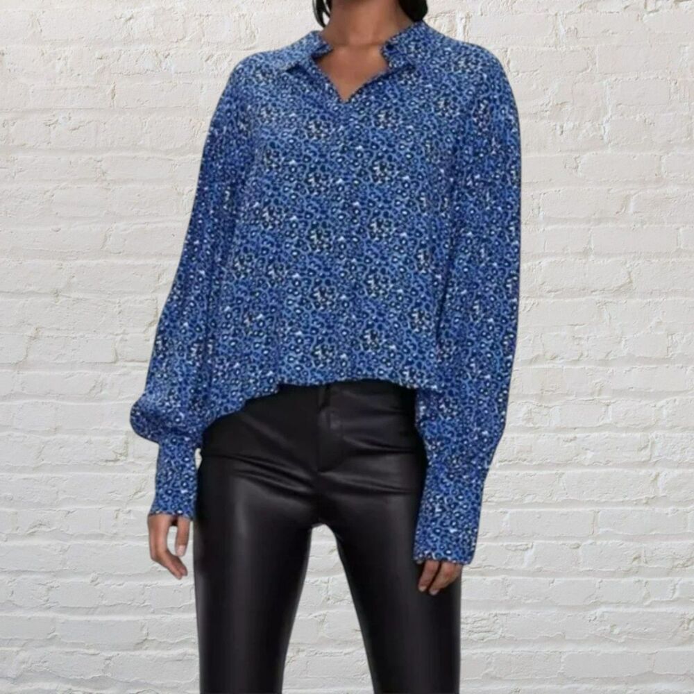 Zara Blue Leopard Animal Print Balloon Bishop Sleeve Crop Button Blouse S